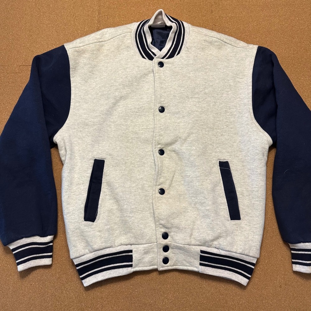 Fruit of the Loom USA Varsity Jacket Adult M Gray Navy Supercotton Bomber VTG - Picture 1 of 9